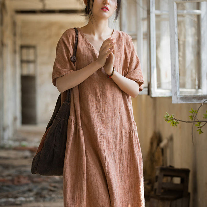 Buddha Stones Handgemachtes Batik-Midikleid mit V-Ausschnitt und kurzen Ärmeln aus Leinen