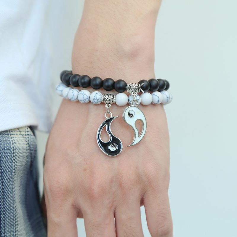 Buddha Stones 2 Stück natürliches schwarzes Onyx- Weiß -Türkis-Perlen-Yin-Yang-Paar-Armband - image 3