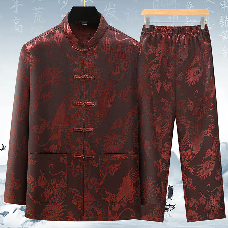 Buddha Stones Tang Anzug Männer Hanfu Chinesischer Drache Traditionelle Kleidung Kung Fu Hemd Uniform Langärmeliger Mantel Tops und Hosen Kleidung Herren Set - Braun - US/UK/AU42, EU52 (3XL) - image 3