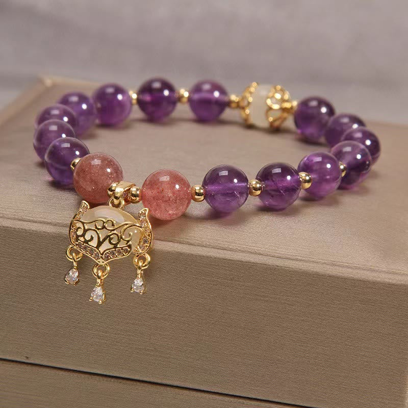Buddha Stones Natürliches Amethyst-Erdbeerquarz-Katzenauge, chinesisches Schloss-Charm-Heilungsarmband - image 4