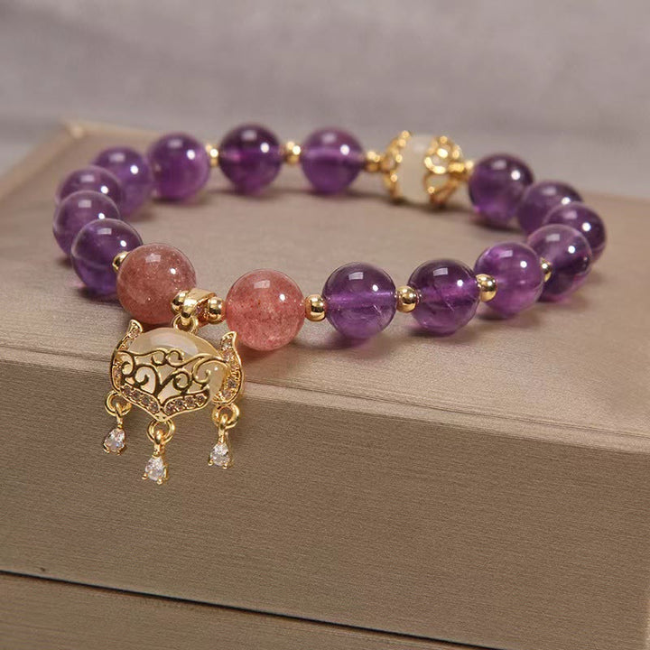 Buddha Stones Natürliches Amethyst-Erdbeerquarz-Katzenauge, chinesisches Schloss-Charm-Heilungsarmband - image 4