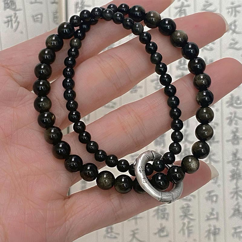 Buddha Stones Armband aus 999er-Sterlingsilber mit schwarzem Obsidian Fulfillment Strength, doppellagig