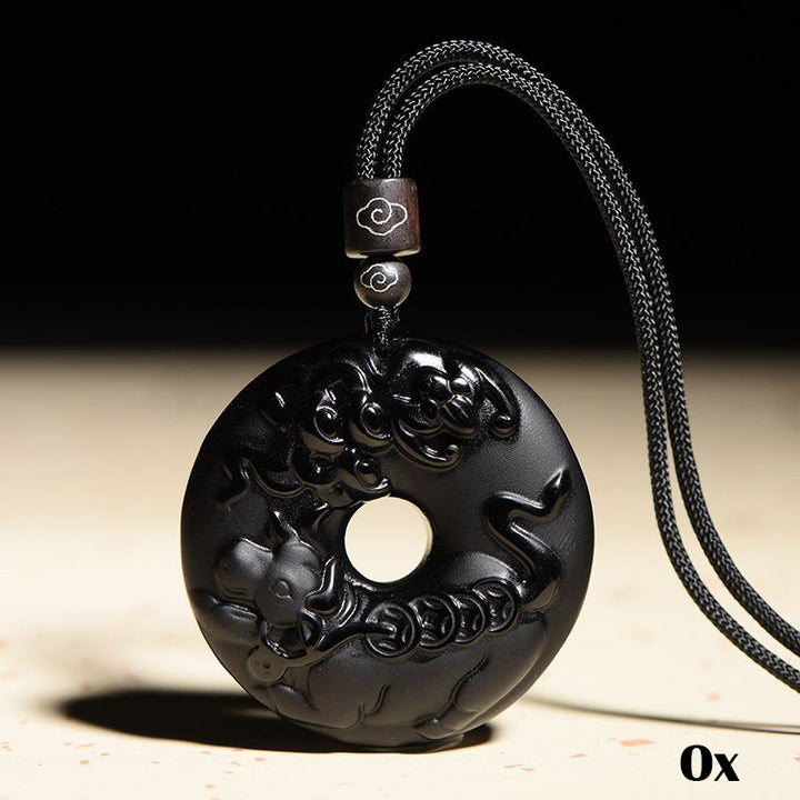 Buddha Stones, chinesisches Sternzeichen, natürlicher schwarzer Obsidian, Friedensschnalle, Stärke-Halsketten-Anhänger - Ochse - image 14