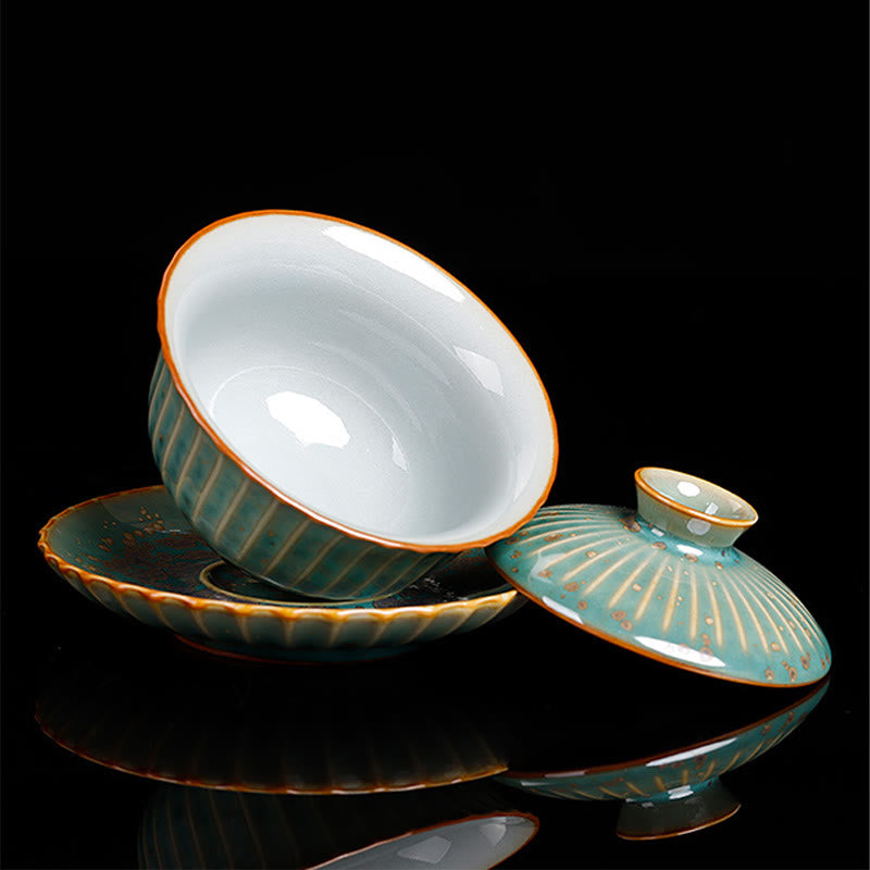 Buddha Stones Retro Glasur Ofenwechsel Keramik Gaiwan Sancai Teetasse Kung Fu Teetasse und Untertasse mit Deckel - image 9