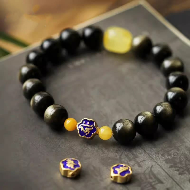 Armband mit Buddha Stonesn, 925er-Sterlingsilber, chinesisches Sternzeichen, Natal-Buddha, natürlicher Goldglanz, Obsidian-Bernstein, Reichtumsschutz-Armband - Hund/Schwein-Amitabha Buddha - image 0