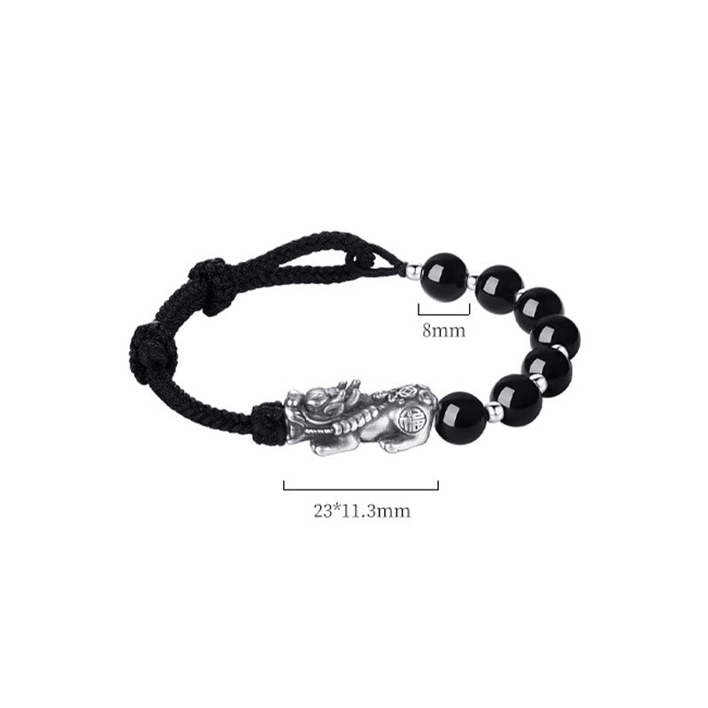Buddha Stones 999 Sterling Silber FengShui PiXiu Natürlicher schwarzer Obsidian 925 Sterling Silber Bead Strength Armband
