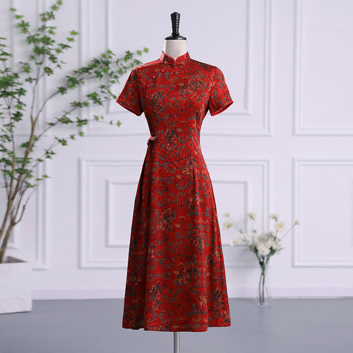 Buddha Stones Vintage Auspicious Clouds Leaf Print Cheongsam Kleid Damen Qipao Kleid - Rote Glückswolken - US16, UK/AU20, EU48 (5XL) - image 0