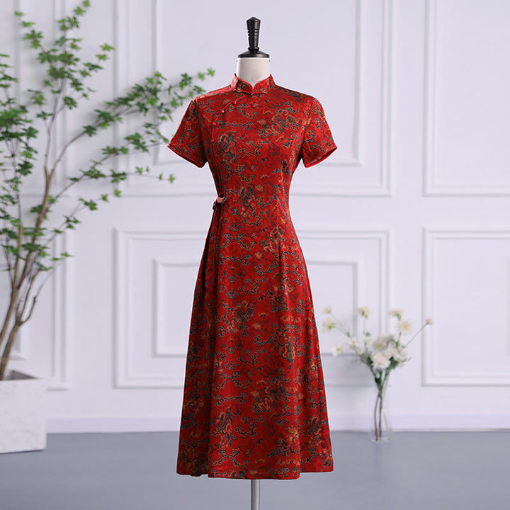 Buddha Stones Vintage Auspicious Clouds Leaf Print Cheongsam Kleid Damen Qipao Kleid