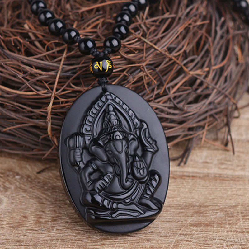 Buddha Stones Tibetischer Obsidian Ganesh Ganpati Elefant Reichtum Amulett Halskette - image 3
