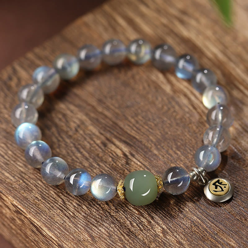 Buddha Stones ​​Chinesisches Tierkreiszeichen 925 Sterling Silber Natürlicher Mondstein Hetian Jade Positives Armband - image 1