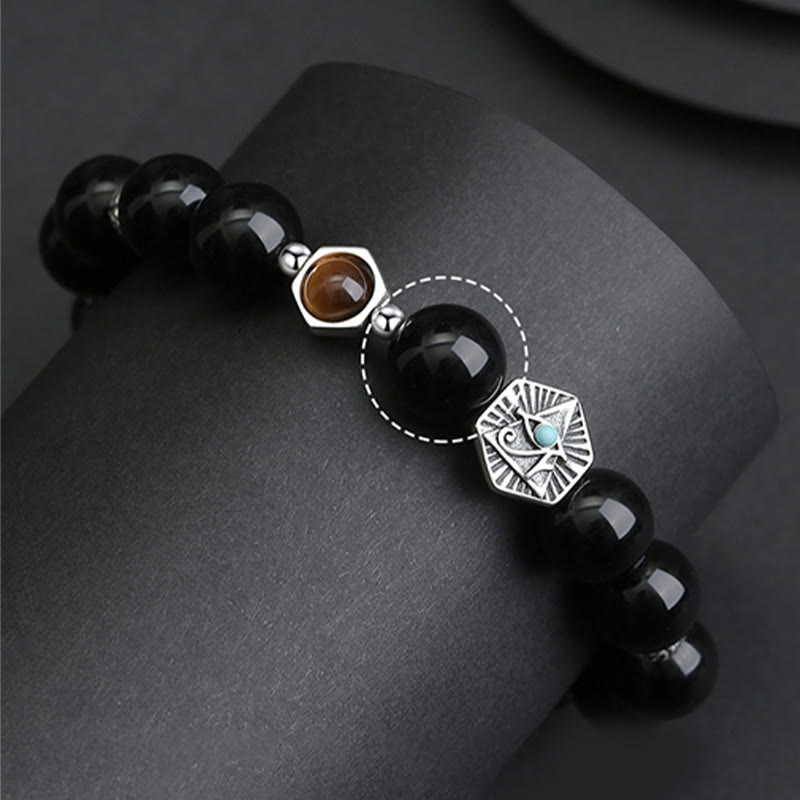 Buddha Stones 925 Sterling Silber Schwarzer Obsidian Tigerauge Auge der Vorsehung Reinigungsarmband - image 11