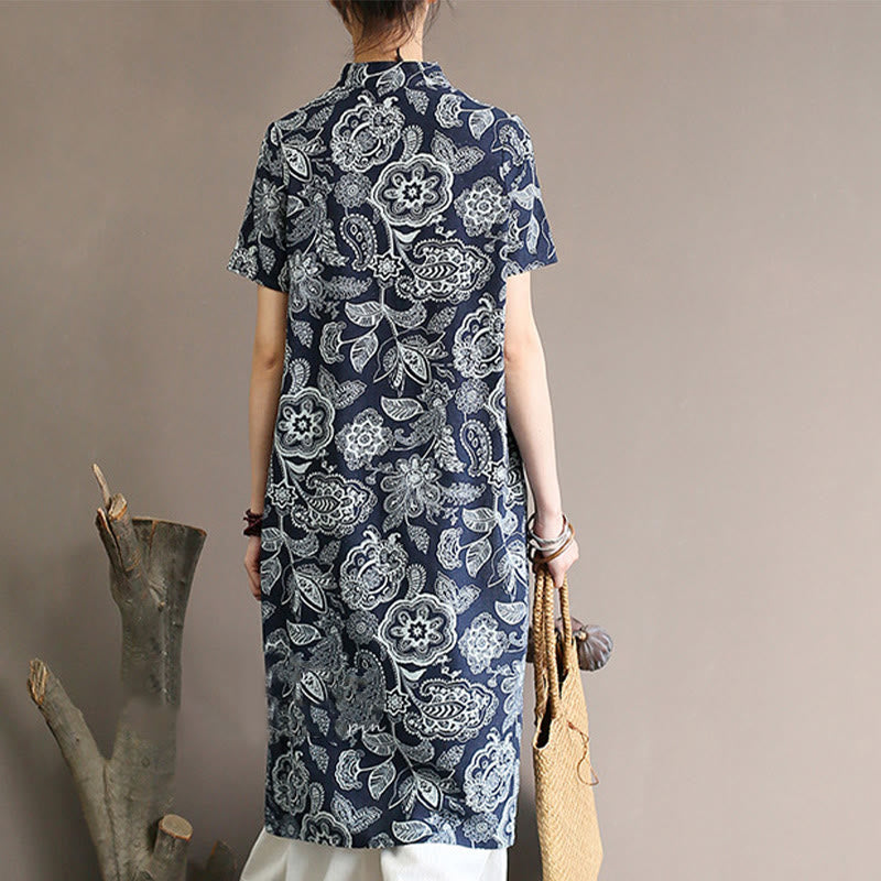 Buddha Stones Blau- Weiß Blume Froschknopf Cheongsam Kleider Kurzarm Leinenkleider mit Taschen