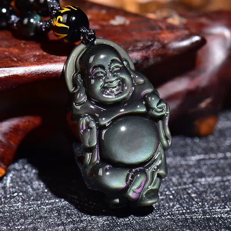 Halskettenanhänger mit natürlichem Regenbogen-Obsidian, lachender Buddha, innerer Frieden