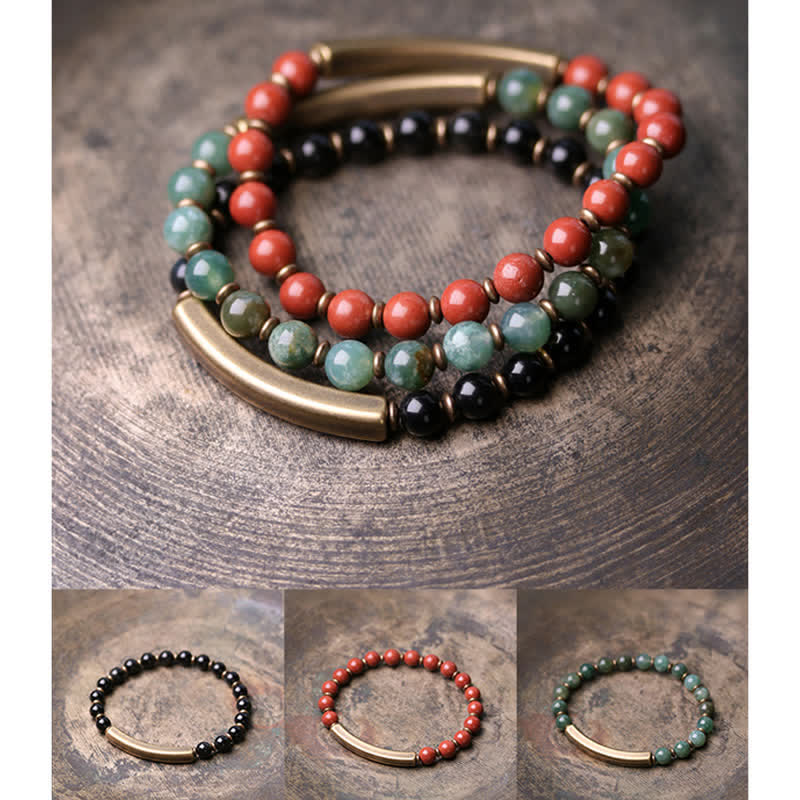 Buddha Stones, roter Jaspis, Moosachat, schwarzer Obsidian, Kristall, Kupfer, Friedenspaar-Armband