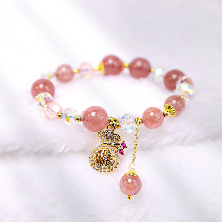 Buddha Stones Natürliches Erdbeerquarz-Kristall-Geldbeutel-Charm-Positive-Armband