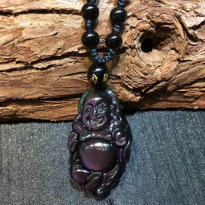 Halskettenanhänger mit natürlichem Regenbogen-Obsidian, lachender Buddha, innerer Frieden