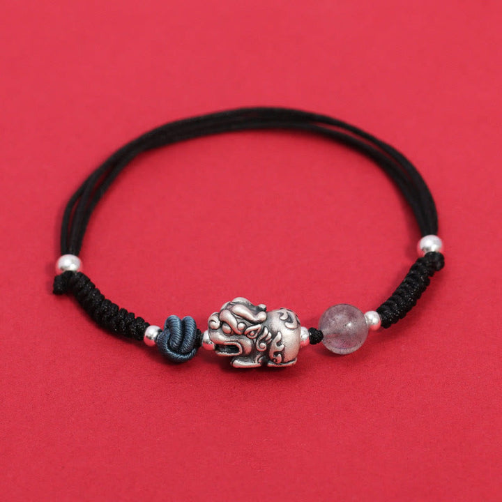 Buddha Stones 999 Sterling Silber PiXiu Erdbeerquarz Perlen Reichtum Glück geflochtenes Armband