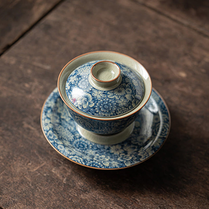 Buddha Stones Vintage Blaues und Weiß Porzellan Pfirsichblüte Lotus Pfingstrose Keramik Gaiwan Sancai Teetasse Kung Fu Teetasse und Untertasse mit Deckel - image 4