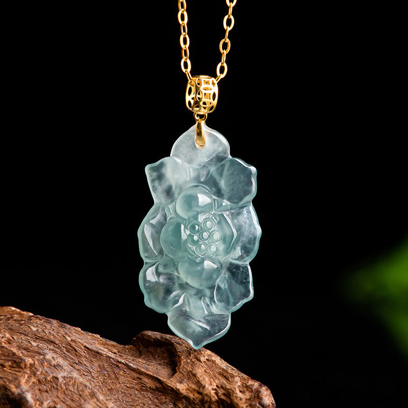 Buddha Stones 18K Gold natürliche Jade Lotus Muster Wohlstand Halskette Anhänger - Jade (Wohlstand ♥ Überfluss) - image 1