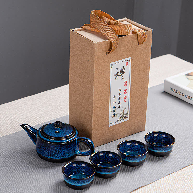 Buddha Stones, blauer Farbverlauf, chinesischer Gongfu-Tee, Keramik-Teekanne, tragbares Geschenkbeutel-Box-Set