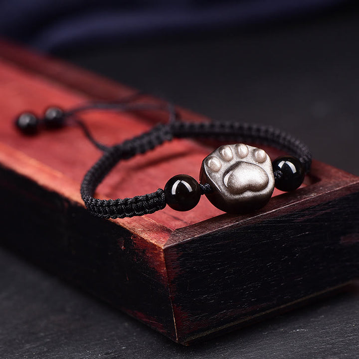 Buddha Stones Natürlicher Silberglanz-Obsidian, Goldglanz-Obsidian, niedliches Katzenpfoten-Klauenschutzseil-Armband - image 8