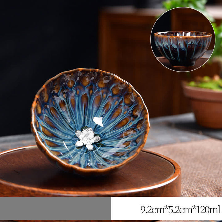 Teetasse aus Keramik mit Buddha Stones , Lotus, Pfau, Drache, Phönix, Koi-Fisch, eingelegte Teetassen, 120 ml - Silber - Lotus Blume - image 19