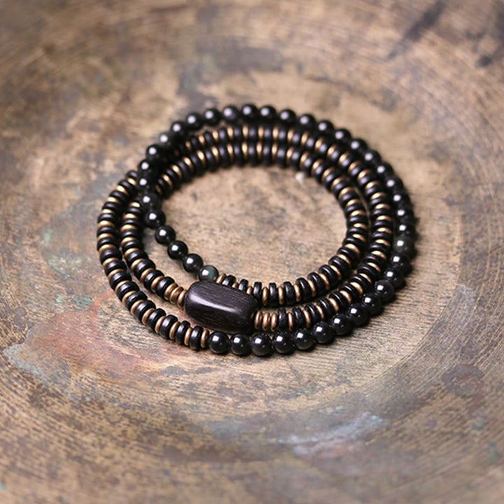 Buddha Stones, Regenbogen-Obsidian, Ebenholz, Kupfer, Heilung, dreifach gewickeltes Armband