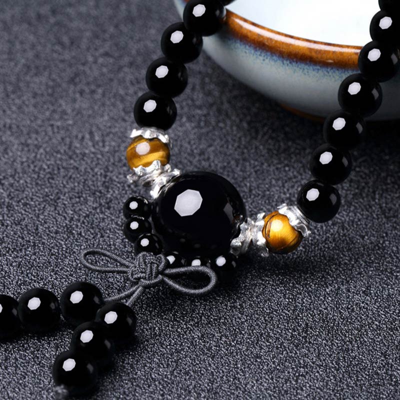 Buddha Stones 108 Perlen natürliches schwarzes Obsidian-Tigerauge-Mala-Armband