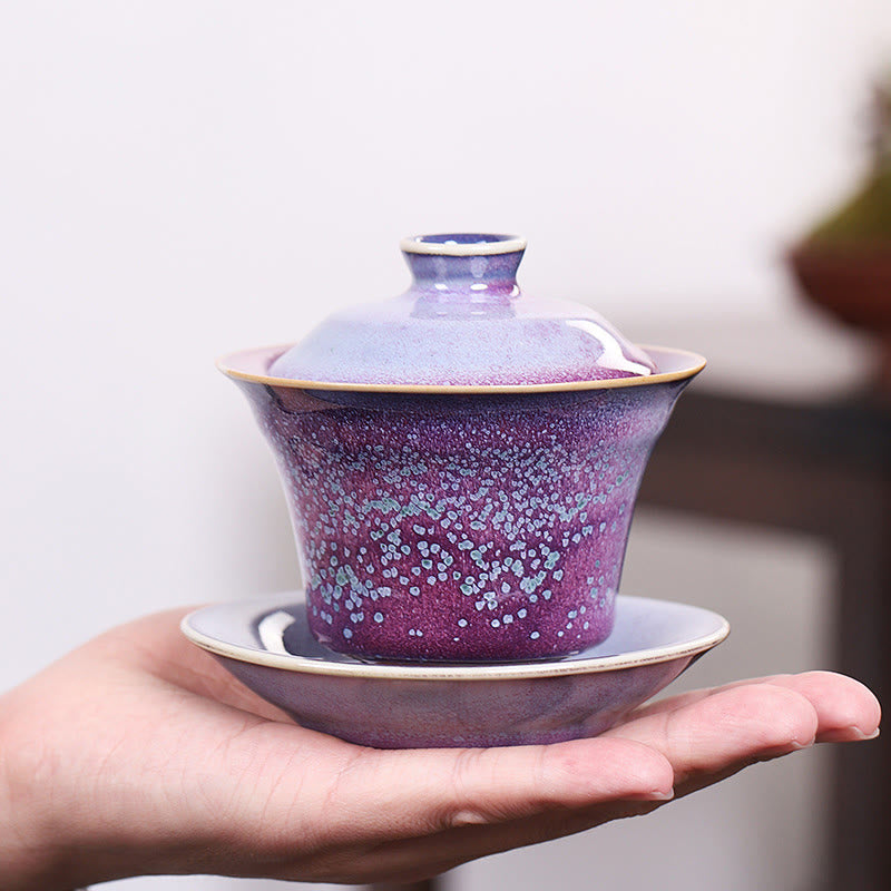 Buddha Stones Retro Glasur Ofenwechsel Keramik Gaiwan Sancai Teetasse Kung Fu Teetasse und Untertasse mit Deckel - image 3