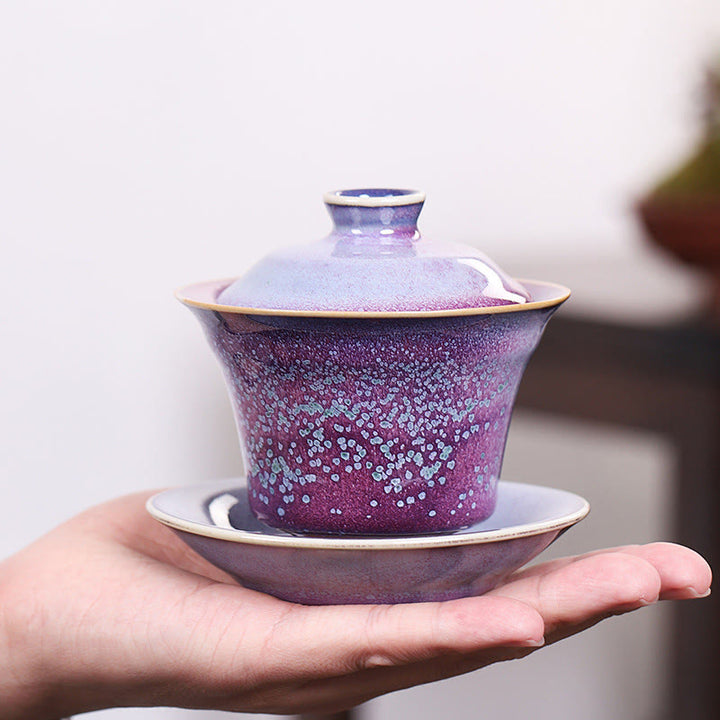 Buddha Stones Retro Glasur Ofenwechsel Keramik Gaiwan Sancai Teetasse Kung Fu Teetasse und Untertasse mit Deckel - image 3