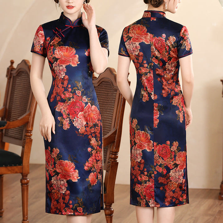 Buddha Stones Retro Blume Lotus Pfingstrose Feder Druck Qipao Kleid Damen Cheongsam Kleid