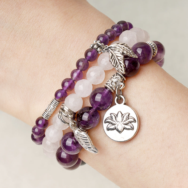 Buddha Stones 3-teiliges Armband aus natürlichem Quarzkristall mit Perlen und Heilenergie, Lotus