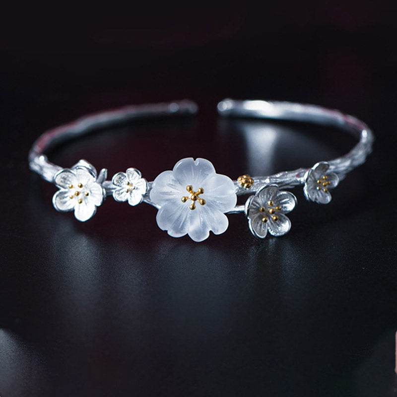 Buddha Stones 925 Sterling Silber Pflaumenblüten-Segen-Armband, verstellbarer Armreif - Pflaumenblüte & Kristall - image 0