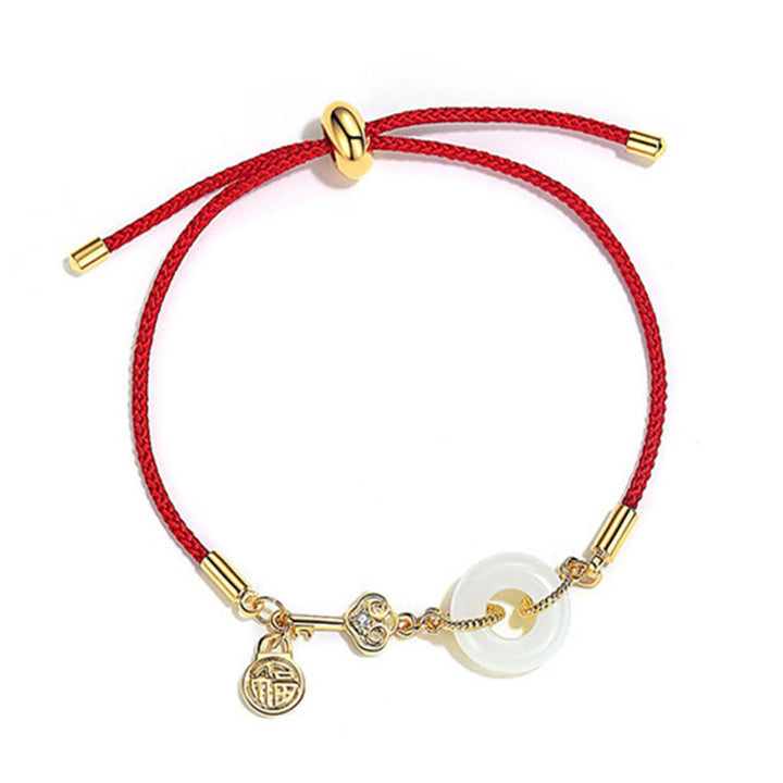 Buddha Stones 18 Karat vergoldetes Hetian-Jade-Armband mit Friedensschnalle, Fu-Charakter, Glück, rotes Seil