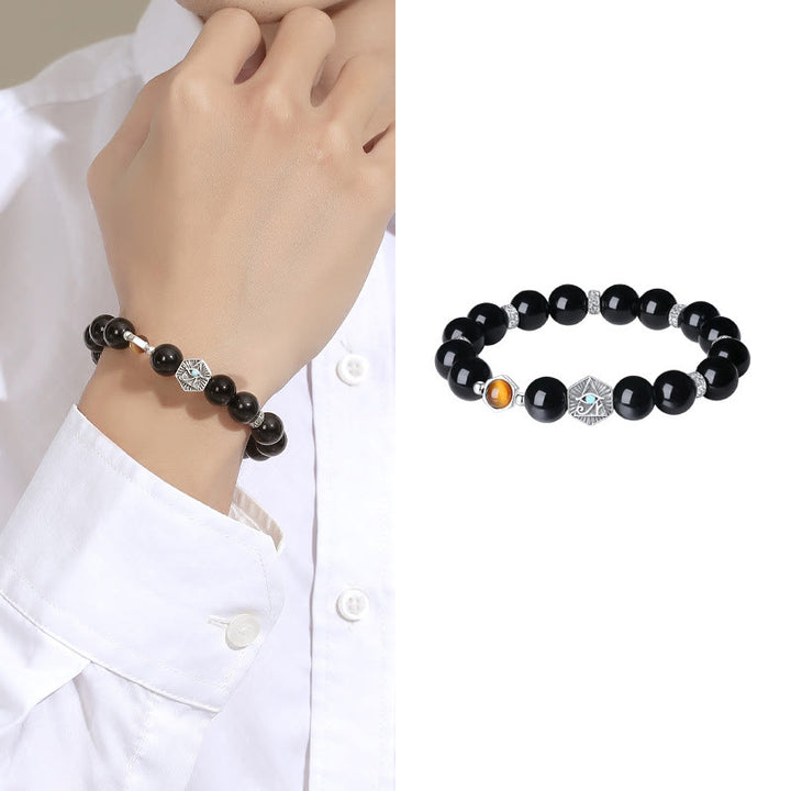 Buddha Stones 925 Sterling Silber Schwarzer Obsidian Tigerauge Auge der Vorsehung Reinigungsarmband - image 13