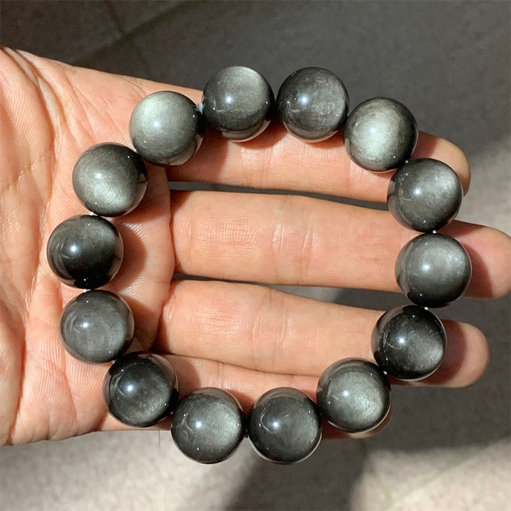 Buddha Stones Natürliches Obsidian-Armband mit silbernem Glanz und beruhigendem Schutz