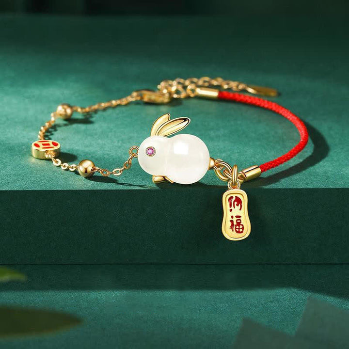 Buddha Stones – Jahr des Kaninchens – Weiß Jade-Glücks-Armband mit roter Schnur