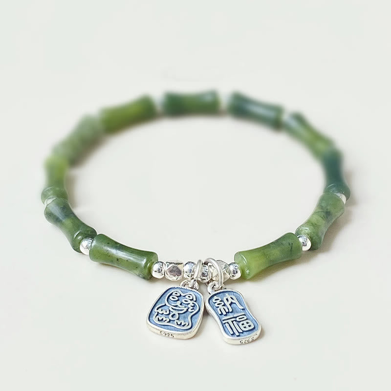 Buddha Stones Armband aus 925er-Sterlingsilber, Bambus-Jade, Glückskatze, Fu-Charakter, Glücksfülle - 16 cm - image 0