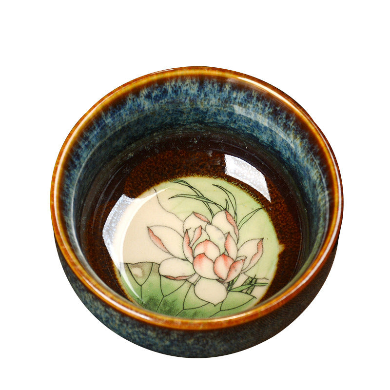 Buddha Stones Lotus Dragon Phoenix Koi Fish Chinesische Jianzhan-Keramik-Teetasse, Kung-Fu-Teetasse, 110 ml