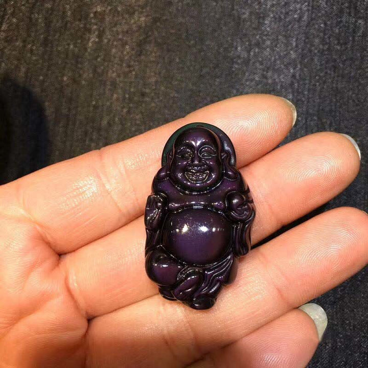 Halskettenanhänger mit natürlichem Regenbogen-Obsidian, lachender Buddha, innerer Frieden