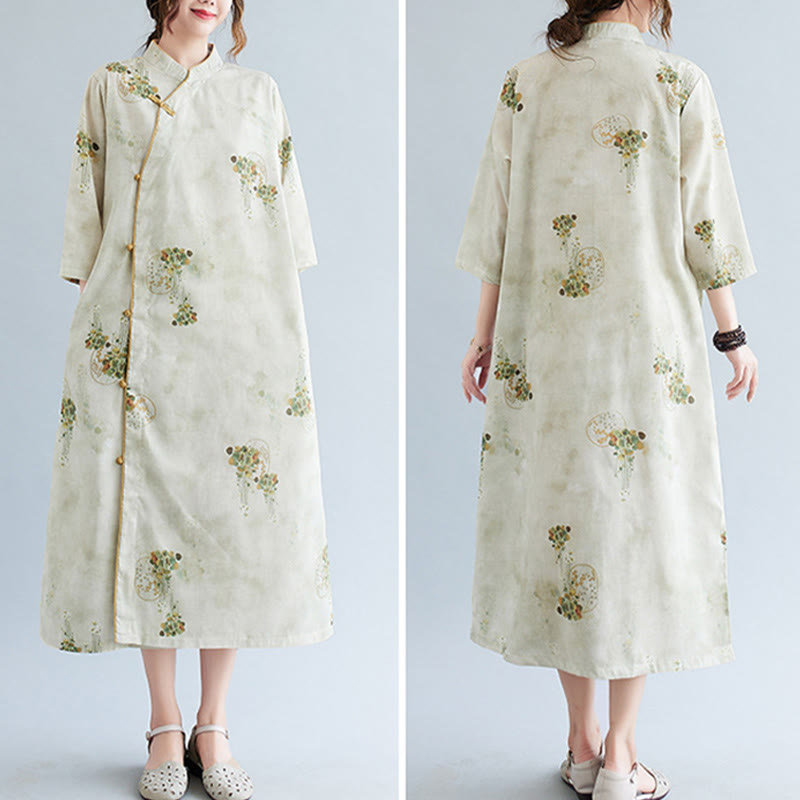 Cheongsam-Midikleid mit Buddha-Steinen, Blumen, Grün und Gelb, Blätter-Print, Dreiviertelärmel, mit Taschen