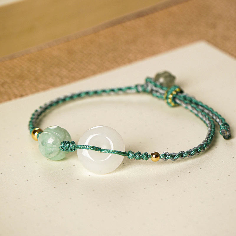 Buddha Stones Geflochtenes Armband mit Friedensschnalle aus weißem Jade, Kürbisperle und Glücksbringer - image 1