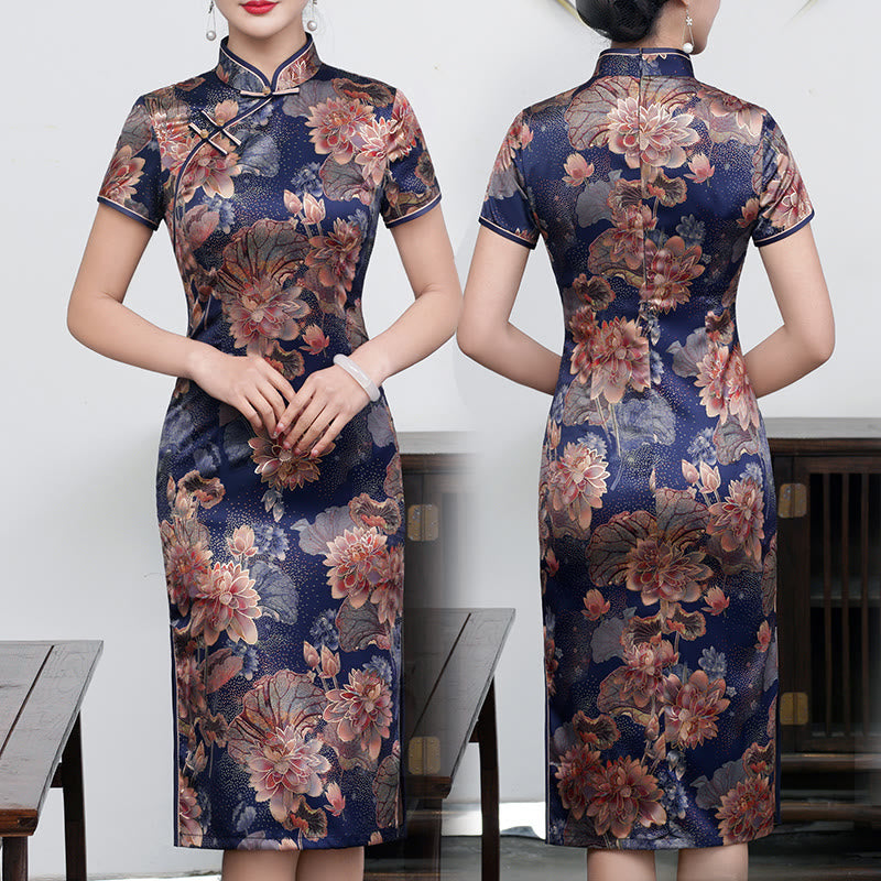 Buddha Stones Retro Blume Lotus Pfingstrose Feder Druck Qipao Kleid Damen Cheongsam Kleid