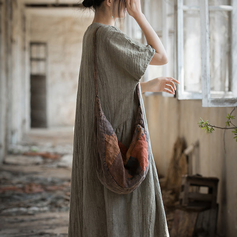 Buddha Stones Handgemachtes Batik-Midikleid mit V-Ausschnitt und kurzen Ärmeln aus Leinen