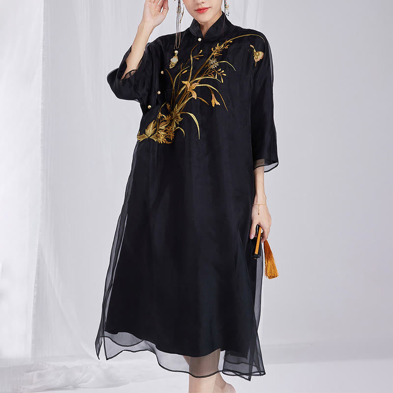 Buddha Stones 100 % Maulbeerseide 6 Momme Kleid Vintage Blume Schmetterling Stickerei Qipao Kleid Damen Cheongsam Kleid - image 15