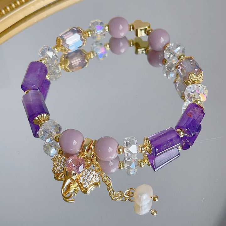 Buddha Stones Amethyst Grüner Aventurin Erdbeerquarz Positives Elefanten-Charm-Armband