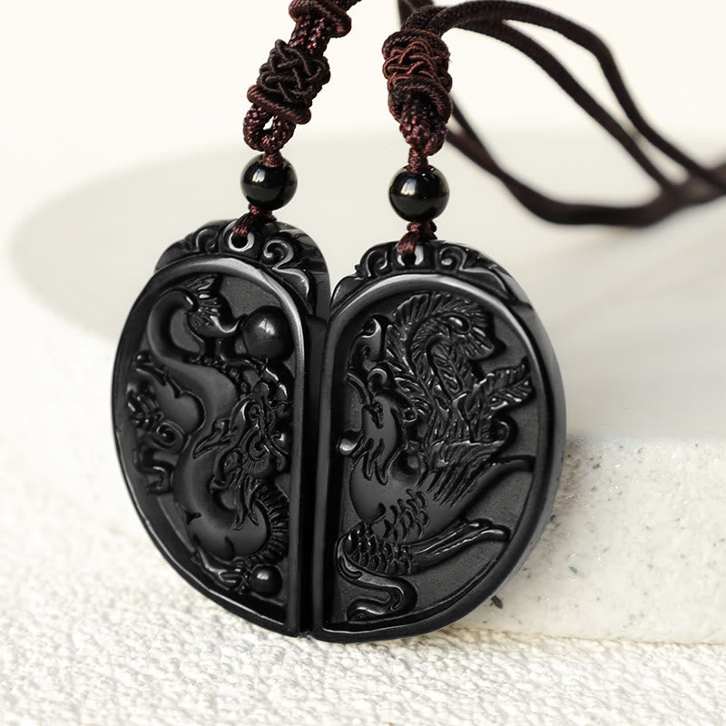 Buddha Stones Schwarzer Obsidian Liebe Drache Phönix Schutz Halskette Anhänger - image 4
