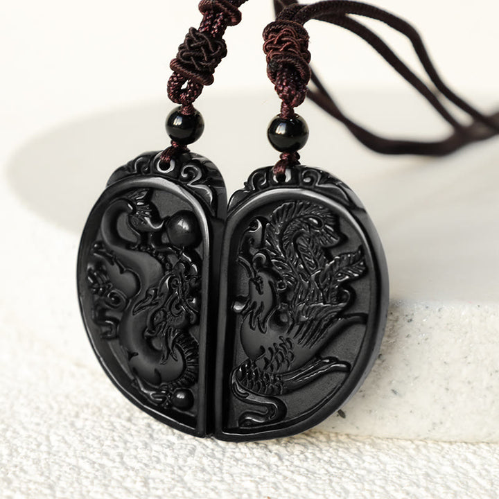 Buddha Stones Schwarzer Obsidian Liebe Drache Phönix Schutz Halskette Anhänger - image 4