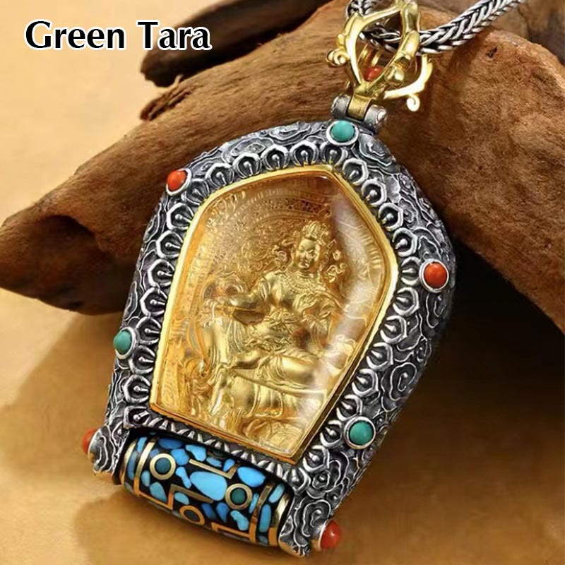 Tibet Chinesisches Sternzeichen Natal Buddha Thangka Wohlstand Drehbarer Dzi-Perlen-Halskettenanhänger - Grüne Tara - image 15