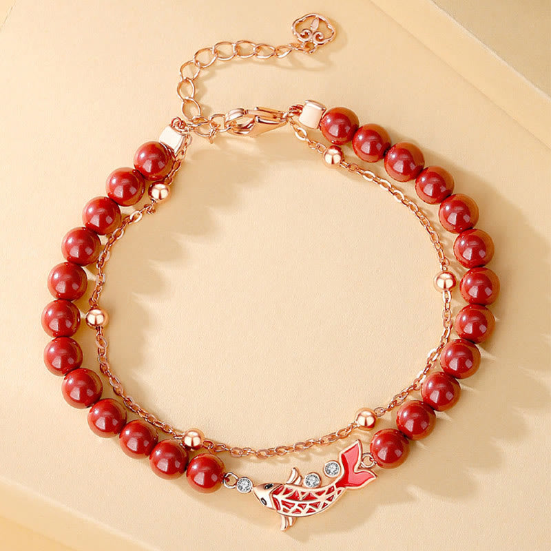 Buddha Stones 925 Sterling Silber Glücks-Koi-Fisch-Zinnober-Zirkon-Wohlstands-Doppelschicht-Kettenarmband - image 1